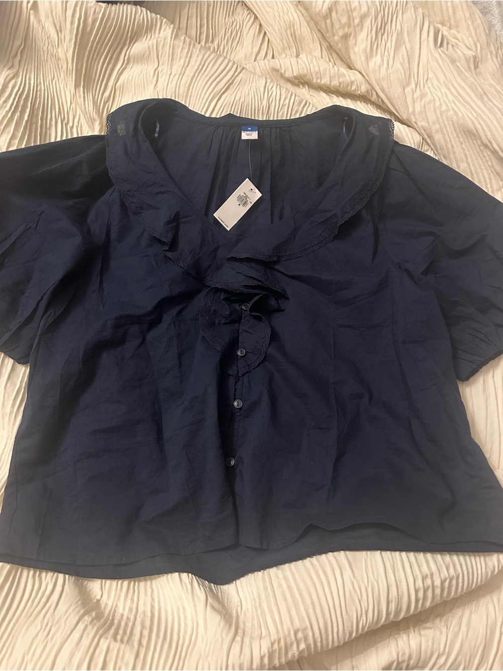 Old Navy Navy Ruffle-Trim Button Front Women's Top